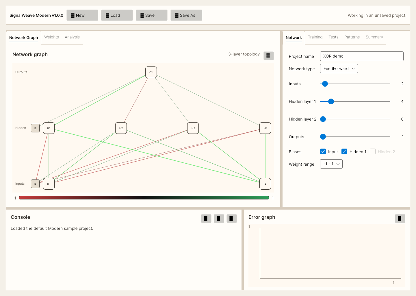 SignalWeave Modern workspace with the network graph, workflow tabs, console, and error graph.